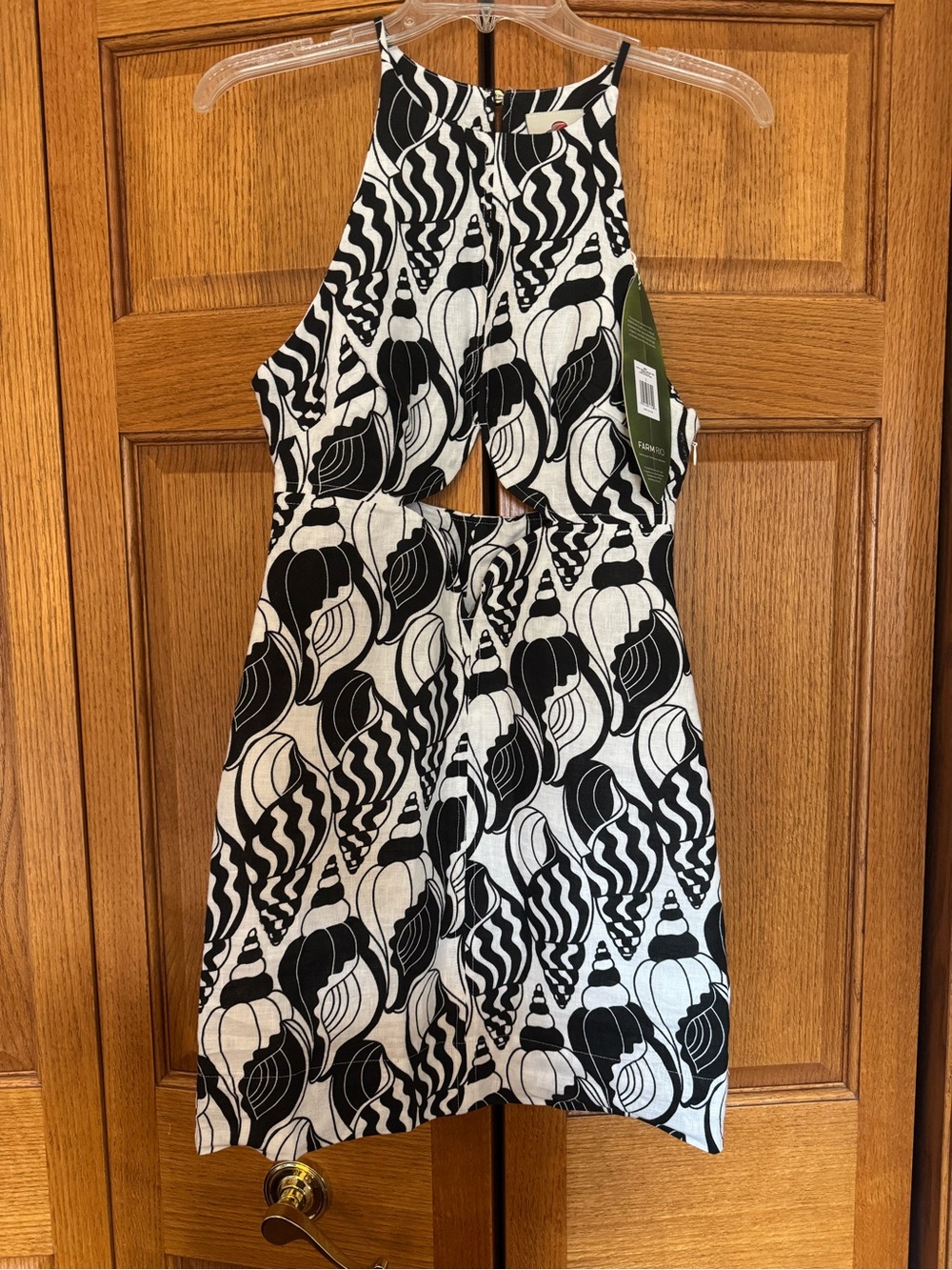 FARM Rio Black & White Shell-Print Cutout Halter Dress